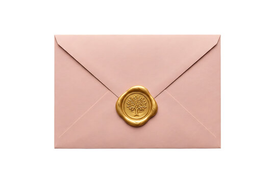 Elegant pale pink envelope sealed with a golden wax seal featuring a tree design, perfect for wedding invitations or special correspondence, isolated on a transparent background.