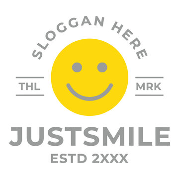 Smiling face with slogan and text on white background  happy emoticon logo design icon