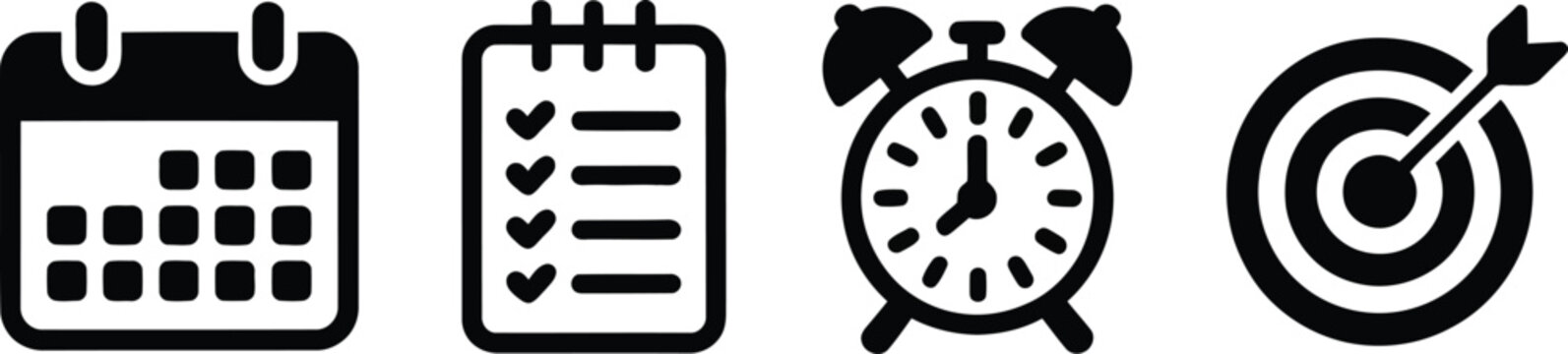 A simple black silhouette icon set of calendar checklist notepad alarm clock and target board