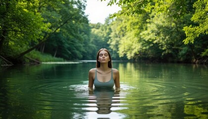 Fototapeta premium Young Woman Swimming in a Peaceful Forest Pond