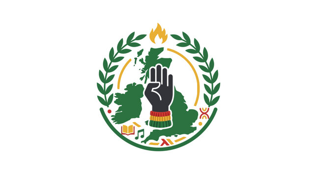 UK Black History Emblem: Fist, Map of Britain, Laurel Wreath, Flame