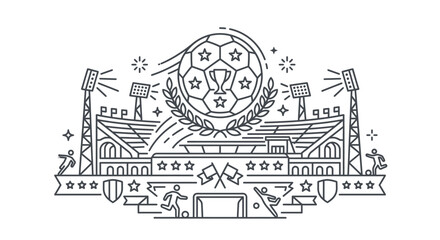 Obraz premium Line art soccer stadium panorama with trophy and ball.