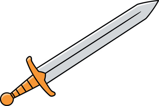 Medieval sword illustration featuring silver blade, orange hilt, crossguard, pommel, stylized weapon design, and fantasy combat icon