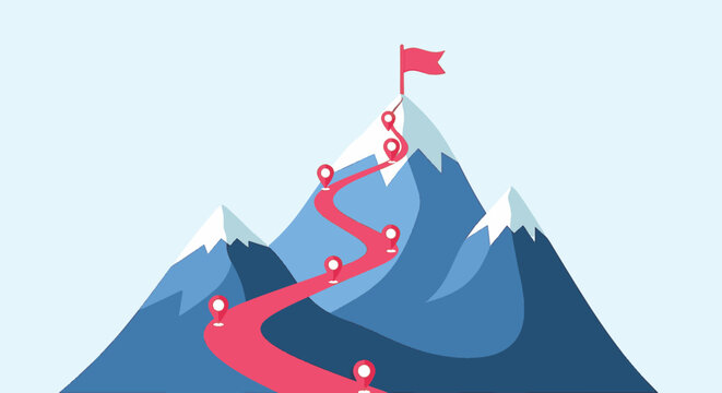 Flat vector illustration of a winding red path with location pin markers leading to a red flag on a blue snow-capped mountain peak, representing success and roadmap milestones.