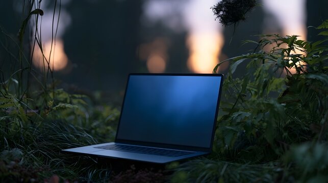 A sleek technological gadget display is set against a twilight sky surrounded by natural elements and rich textures
