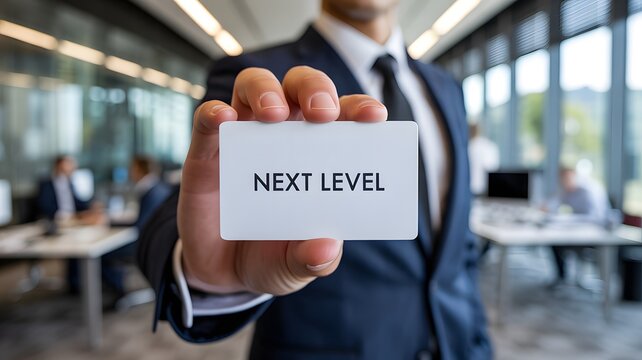 Determined executive businessman presents a next level concept card within a bustling modern corporate environment