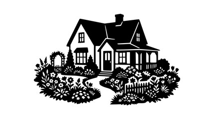 Fototapeta premium Charming cottage house with flower garden black and white stencil illustration