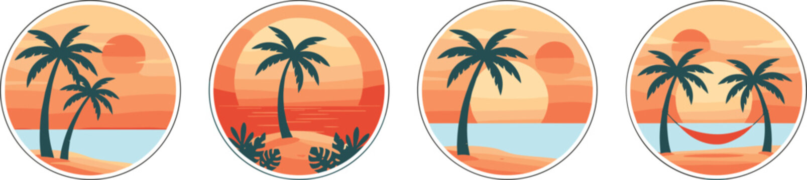 Tropical beach illustration collection featuring palm trees, sunset, hammock, ocean horizon, foliage, and serene vacation design