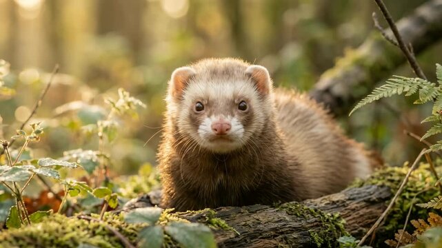 cinnamon ferret in forest habitat canada morning light close up video