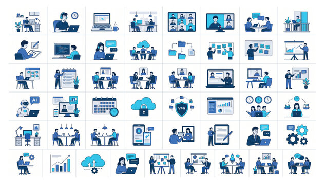 Professional flat vector icon collection for digital workspace and remote collaboration with workspace business collaboration teamwork technology conference communication management