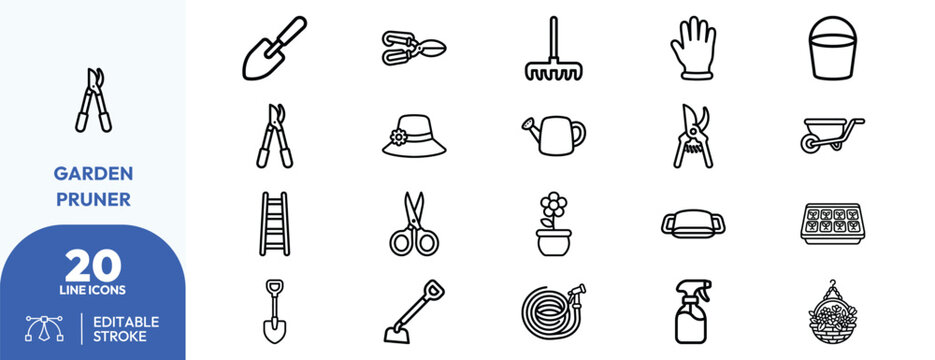 Plant Care Essentials icon set. Containing pruning shears, garden gloves, rake, watering can, bucket, garden scissors, ladder, flowerpot, shovel, hoe, spray. Editable stroke. Vector illustration.