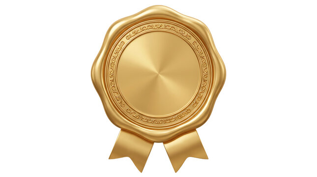 Shimmering golden wax seal with detailed floral pattern and elegant ribbon elegant award symbol for excellence and achievement recognition.