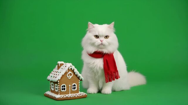 Fluffy white cat with red scarf sits beside gingerbread house on green screen background