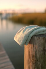 Fototapeta premium Soft towel lying on a wooden pier post at sunset. Outdoor spa or wellness concept after swimming in a lake or river. Relaxing summer atmosphere with calm water and golden lighting.