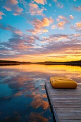 Fototapeta premium Yellow inflatable raft resting on a wooden pier at a calm lake during sunset. Scenic landscape with reflection of clouds on water surface. Wilderness travel and outdoor adventure concept.