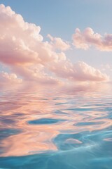 Obraz premium Pink sunset clouds reflecting over calm blue ocean water. Serene nature landscape at twilight showing ripple surface and peaceful sky atmosphere. Tranquil travel background vision.