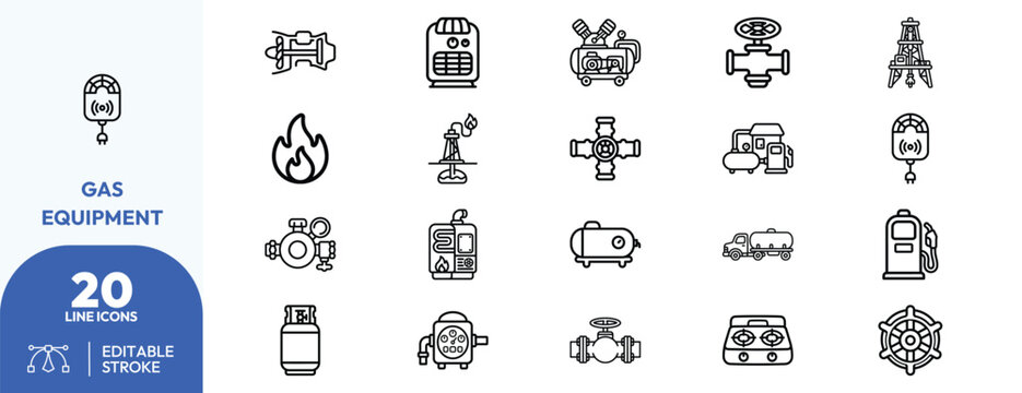 Pipeline Gas Equipment icon set. Containing gas compressor, pipeline junction, flare stack, gas meter, tanker truck, leak detection device, valve, storage tank. Editable stroke. Vector illustration.