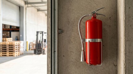 Obraz premium Red fire extinguisher securely mounted on warehouse interior wall, emphasizing workplace fire safety, emergency preparedness