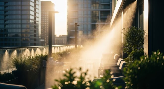 Mist cooling system on urban rooftop terrace at sunset. Outdoor water vapor spray for heat relief in city environment. Innovative climate control technology for patio area comfort.