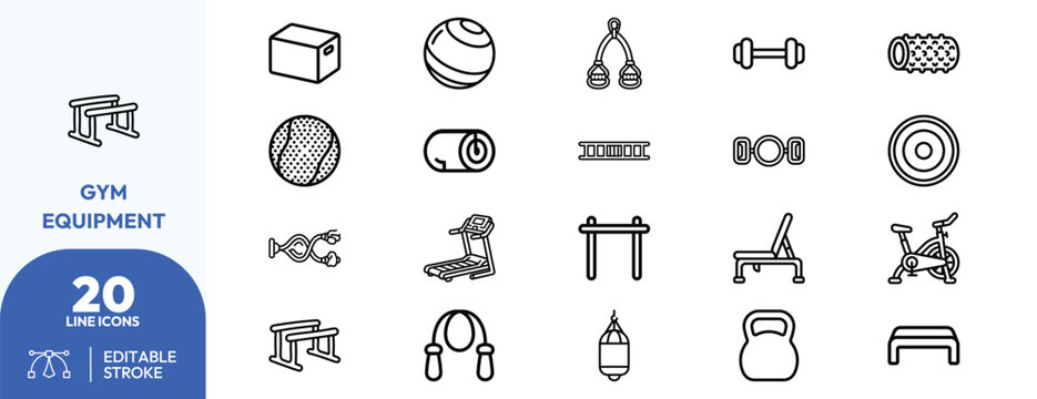Gym Workout Gear icon set. Containing barbell, dumbbell, medicine ball, kettlebell, jump rope, exercise bench, parallel bars, stationary bike, pull-up bar. Editable stroke. Vector illustration.