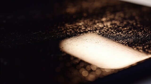 Close up abstract view of dark textured surface with bright light reflection and bokeh effect