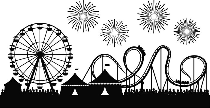 Amusement Park Silhouette Vector Icon with Ferris Wheel Roller Coaster and Fireworks Celebration Event