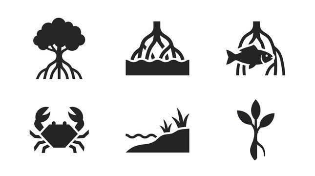 Vector icon set of mangrove forest ecosystems featuring coastal trees roots marine life such as fish and crabs for environmental conservation