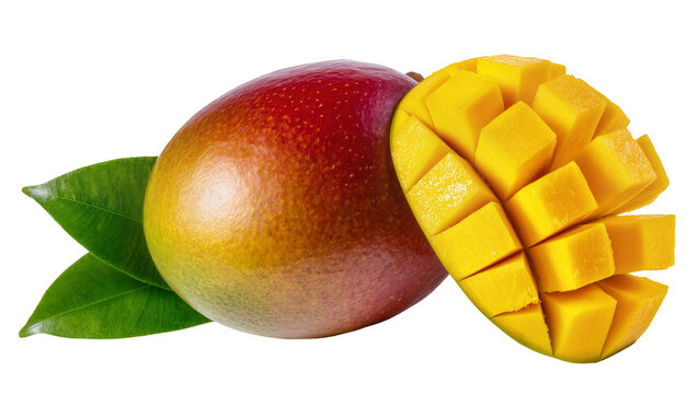 Ripe red and yellow mango with diced cubes and green leaves, isolated on transparent background