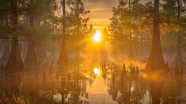 Mystical sunrise over a serene swamp with towering cypress trees and tranquil water reflections