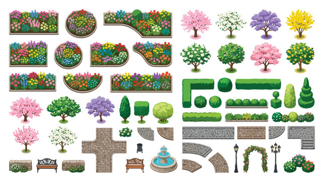 Landscape design elements set, garden plan vector icons with trees and flower beds, outdoor park architecture kit for site mapping and backyard planning