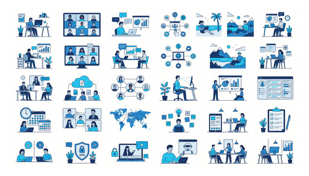 Digital nomad remote work and global business communication vector illustration icon set with business collaboration teamwork technology communication conference professional corporate
