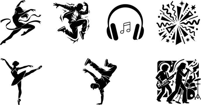 Music and dance silhouette collection featuring hip hop breakdancer rhythmic gymnast ballet dancer live rock band headphones and celebration party graphics