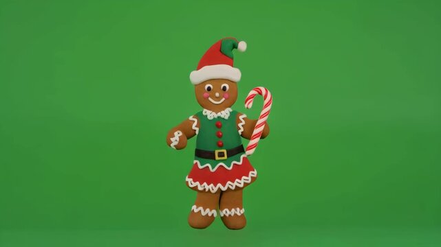 Gingerbread Bear Dancer in Elf Costume with Candy Cane on Green Screen Animation