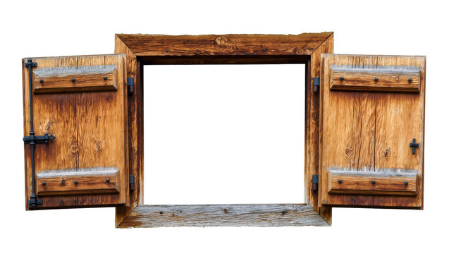 Rustic wooden window frame with open shutters, isolated on transparent background