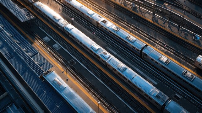 Aerial view of passenger trains parked at railway station terminal. Urban public transport infrastructure on tracks. Travel and commuting concept, morning scenery at train depot.