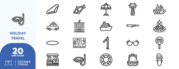 Naklejka premium Tropical Escape Gear icon set. Containing jet ski, snorkel mask, beach chair, surfboard, hiking boots, tropical drink. Editable stroke. Vector illustration.