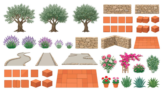 Mediterranean garden landscape elements, olive trees and terracotta tiles vector set, stone walls and lavender plants for backyard design