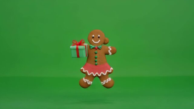 Gingerbread cookie character dancing with gift box during holiday season celebration