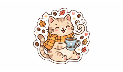 Fototapeta premium Happy Kawaii Cat with Hot Coffee Cup Sticker Flat Vector Illustration