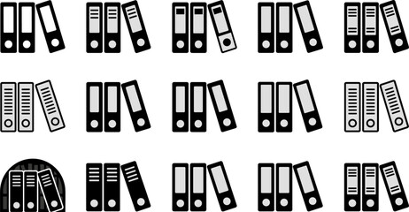 Office binder icon collection featuring upright file folders with tilted variations, label lines, and stylized storage shelf designs © SAIFUL