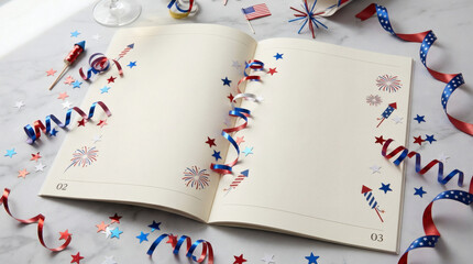Obraz premium Open blank notebook with festive Fourth of July decorations