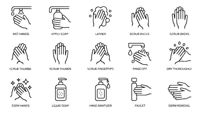 hand washing steps infographic with icons and text