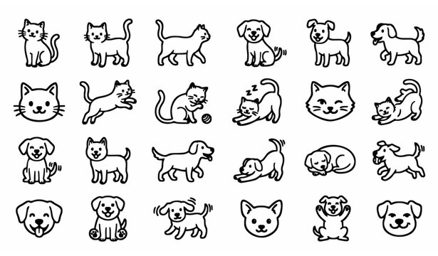 Cute Dogs and Cats Doodle Hand Drawn Outline Icon Set with Sitting Standing Pet Faces Vector Illustration