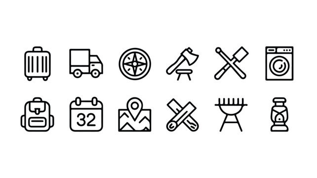 line icons of various objects and tools for travel and work  isolated on transparent background