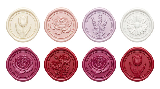 Eight round wax seals in soft cream, pink, lilac, and burgundy colors, showcasing embossed floral designs like roses, tulips, peonies, and daisies on transparent background.