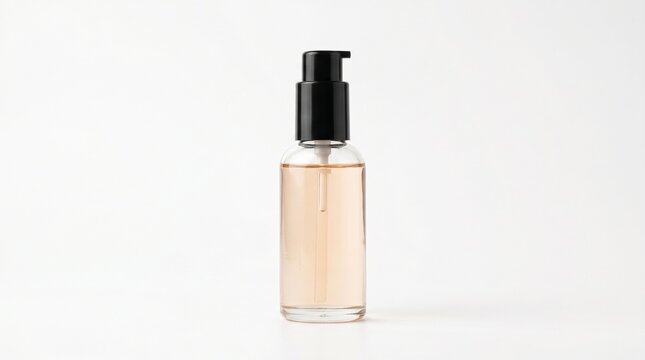 Clear glass cosmetic pump bottle with light orange liquid isolated on white background