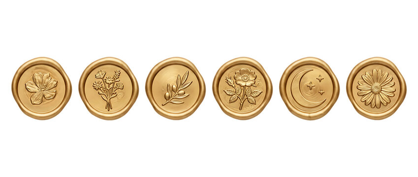 Collection of golden wax seals with embossed natural elements and celestial motifs arranged horizontally on transparent background.