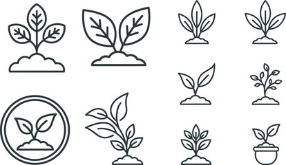 Fototapeta premium Plant sprout icon set featuring young green shoots growing from soil and flowerpot outline vector illustrations for agriculture and ecology concepts