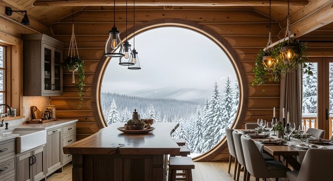 Modern rustic dining room with a large round window looking out at a snowy winter forest landscape