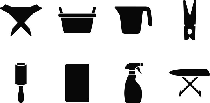 Laundry and Housework Solid Icon Set with Ironing Board, Spray Bottle, Clothespin, and Washing Basket
